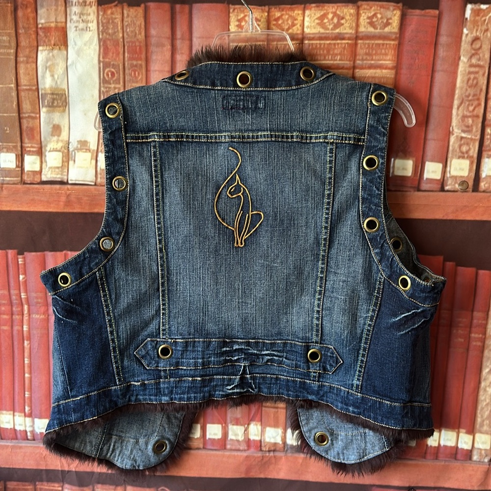 Vintage Y2K Baby Phat 1X Fur Trim Denim Vest Gold Grommet Cat Logo